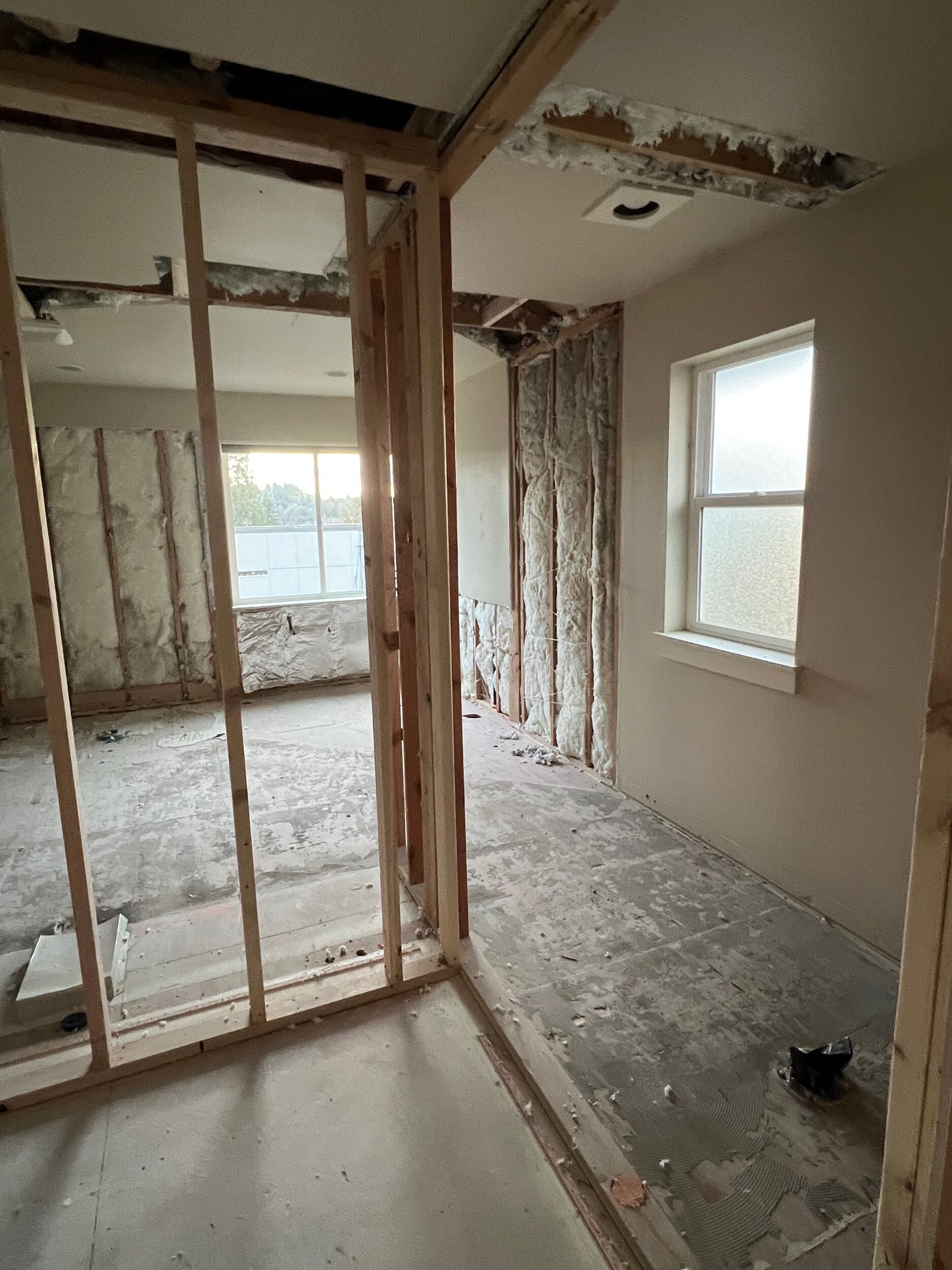 Walls framed and ready for the framing inspection — three-master-suite remodel on NE 190th St in Bothell, WA